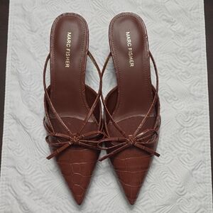 Marc Fisher Croc-Embossed Brown Kitten Heel Mules